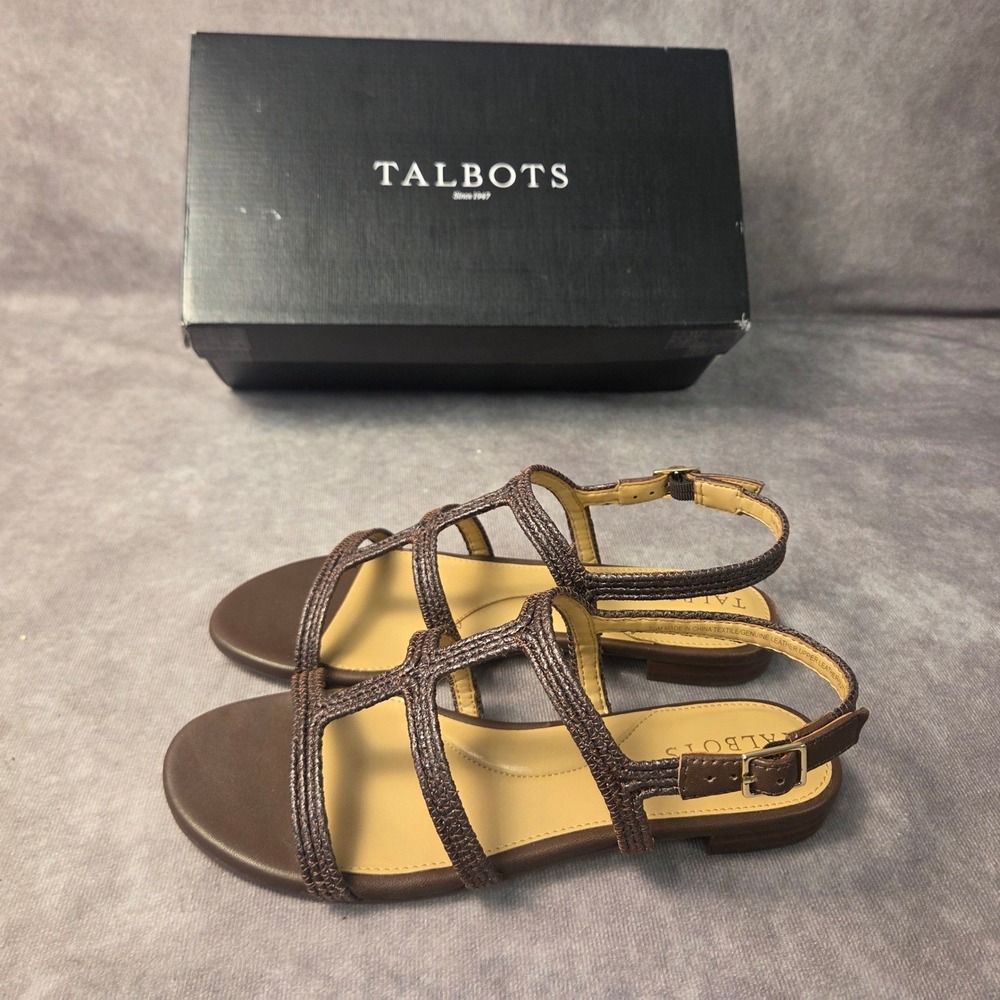 Talbots Keri T-Strap Sandals Dark Walnut Brown Flat Leather Sole Womens 5.5 M